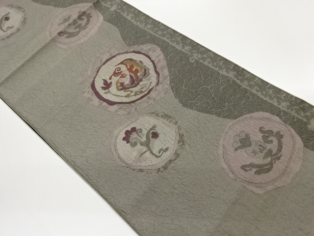 Nagoya obi woven with rounded pattern of flowers and birds